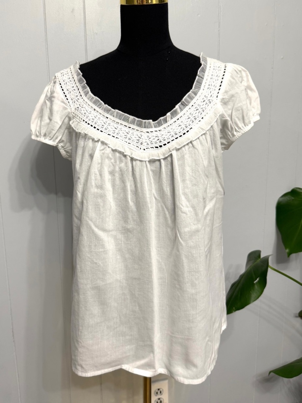 #14)  Cotton White Lace Yoke Puff Sleeve Women's Blouse